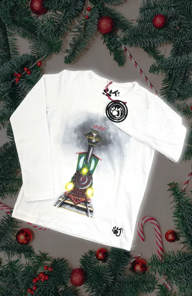 T-shirt Oji Brand a Manica Lunga - Tema Natalizio Trenino a Vapore per Ragazzo