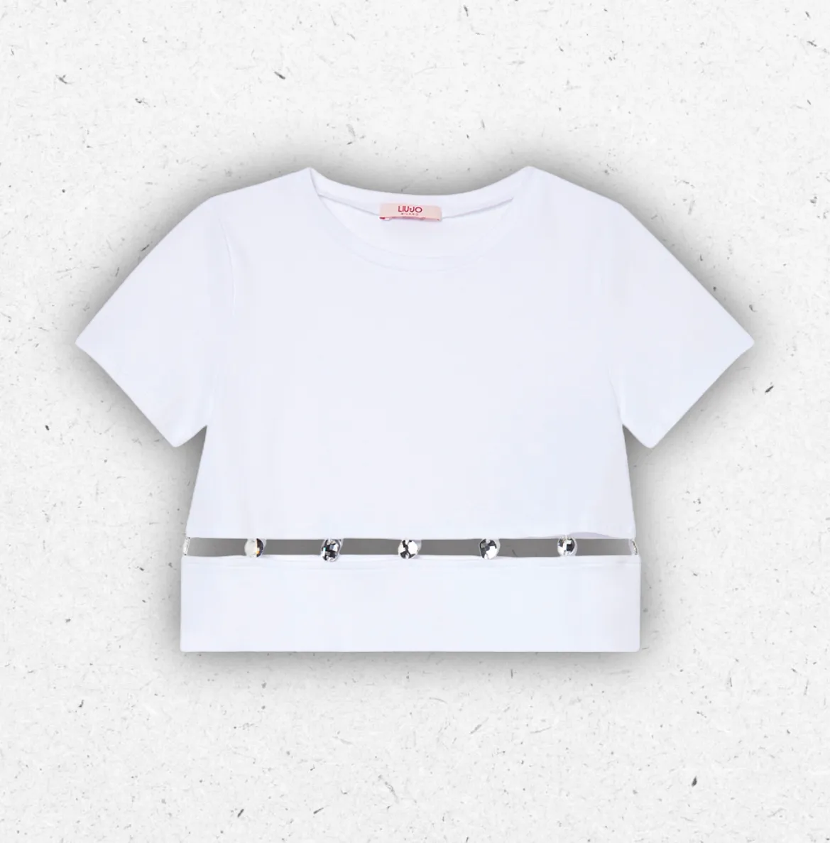 T-shirt bianca da ragazza Liu Jo in jersey di cotone con raffinati dettagli cut-out e castoni gioiello applicati.