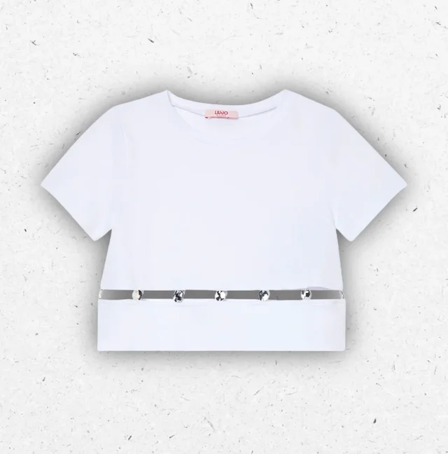T-shirt Ragazza Liu Jo Bianca in Cotone con Cut-out e Castoni Gioiello