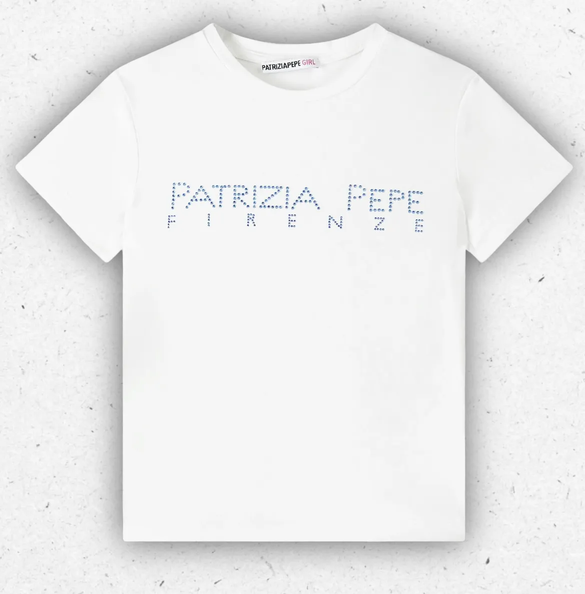 T-shirt da ragazza Patrizia Pepe a maniche corte con logo in strass, disponibile nei colori bianco e azzurro cielo.