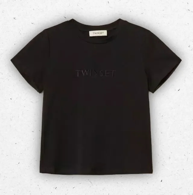 T-shirt Ragazza Twinset Nera in Cotone Stretch con Logo Ricamato in Tono