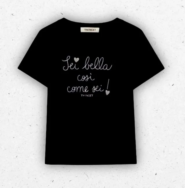 T-Shirt Ragazza Twinset Nera in Cotone Stretch con Ricamo Logo a Catenella