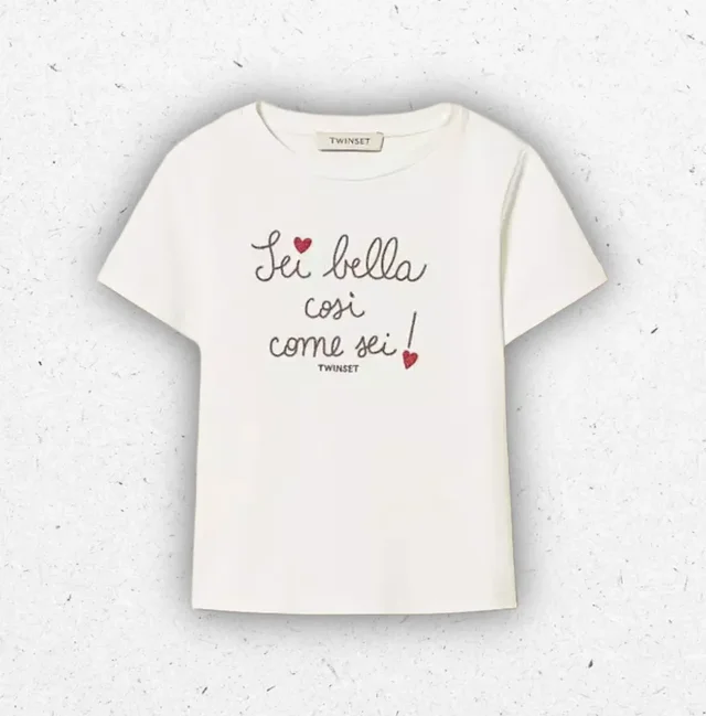 T-shirt Ragazza Twinset Off White con Ricamo a Catenella Dark Root