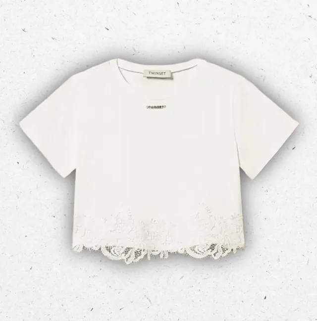 T-shirt Ragazza Twinset Off White in Cotone Stretch con Pizzo Floreale