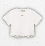 T-shirt bianca Off White da ragazza Twinset Milano in jersey di cotone con inserto in pizzo floreale al fondo e linea boxy. 1