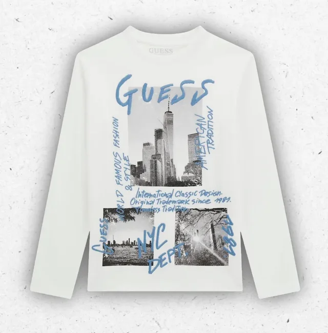 T-Shirt Ragazzo Guess Bianca a Manica Lunga con Grafica e Cuciture