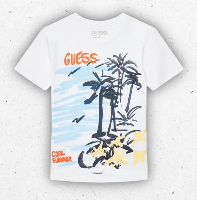 T-Shirt Ragazzo Guess Bianca Regular Fit con Stampa Palme e Scritta Cool Summer