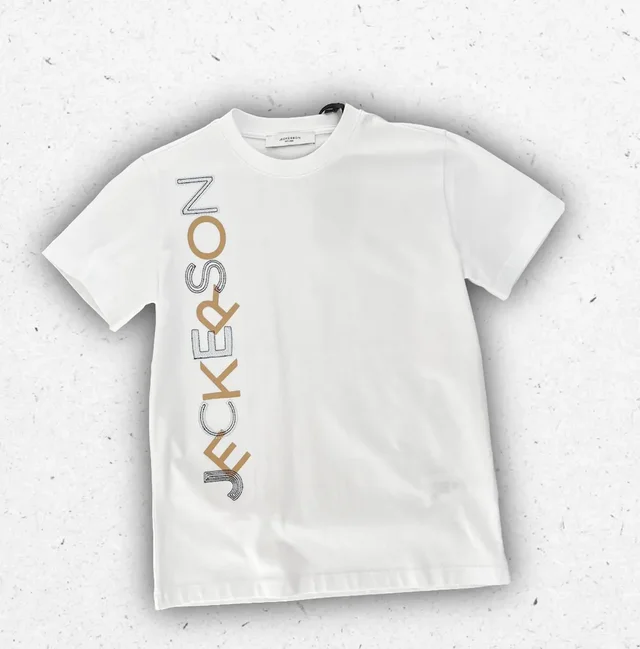 T-shirt Ragazzo Jeckerson Bianca con Logo Verticale e Grafica Esplosa