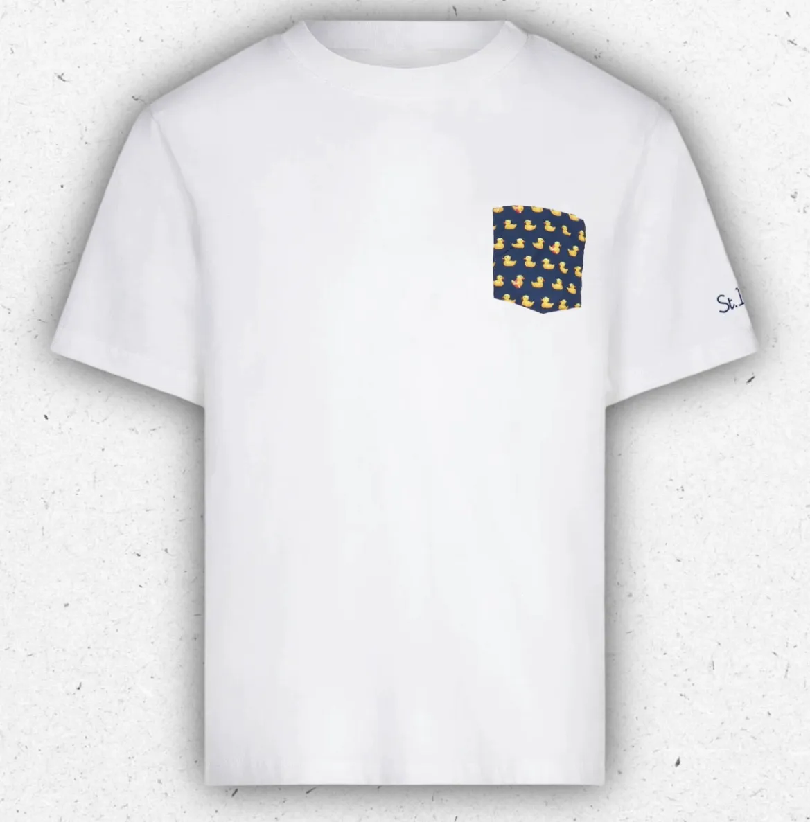 T-shirt bianca da bambino MC2 Saint Barth in cotone con taschino stampato fantasia papera gialla sul petto.