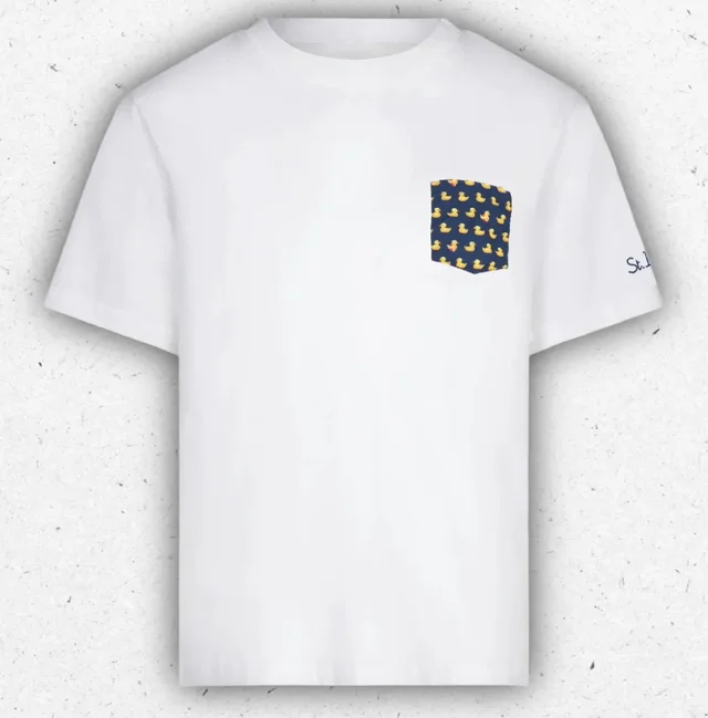 T-shirt Ragazzo MC2 Saint Barth Bianca in Cotone con Taschino Stampa Papera