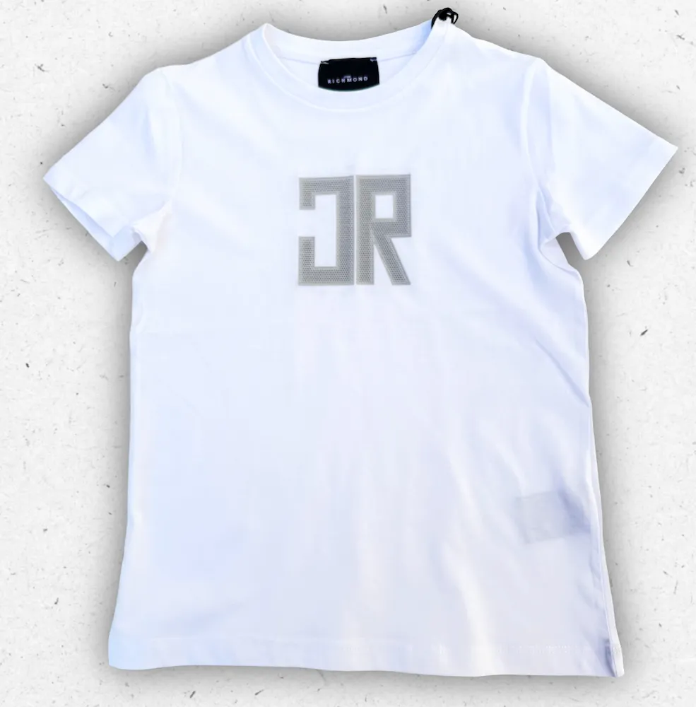 T-shirt bianca a maniche corte John Richmond da ragazzo con logo monogram JR grigio centrale.