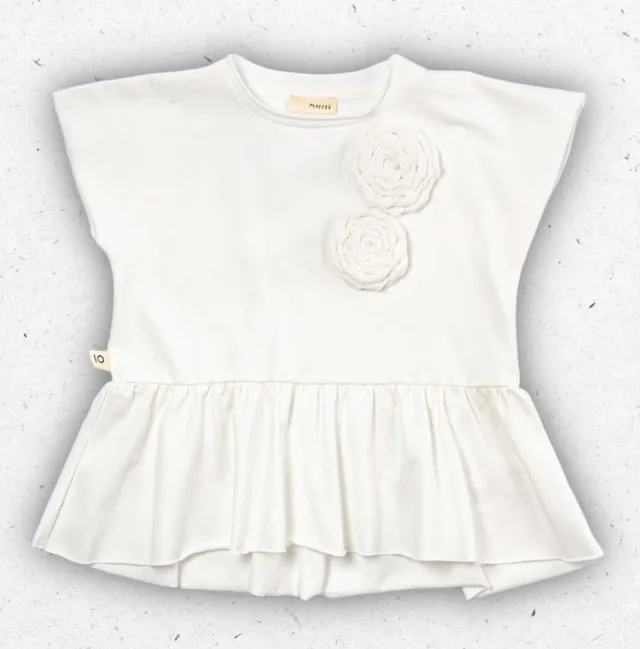 T-shirt Smanicata Bambina Maperò Panna con Applicazioni Fiori e Volant 2-6 Anni