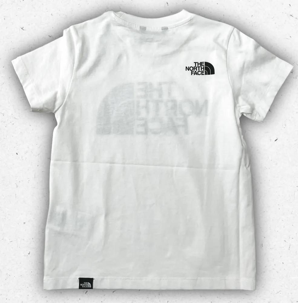 T-shirt The North Face modello Easy per ragazzo in policotone con doppio logo stampato, disponibile in bianco e nero.