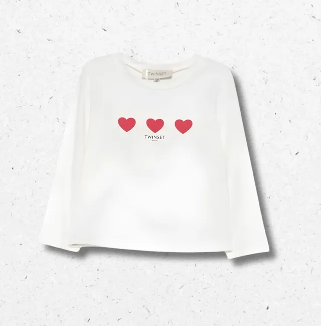 T-shirt Twinset Bambina Bianca in Cotone con Stampa Cuori e Logo