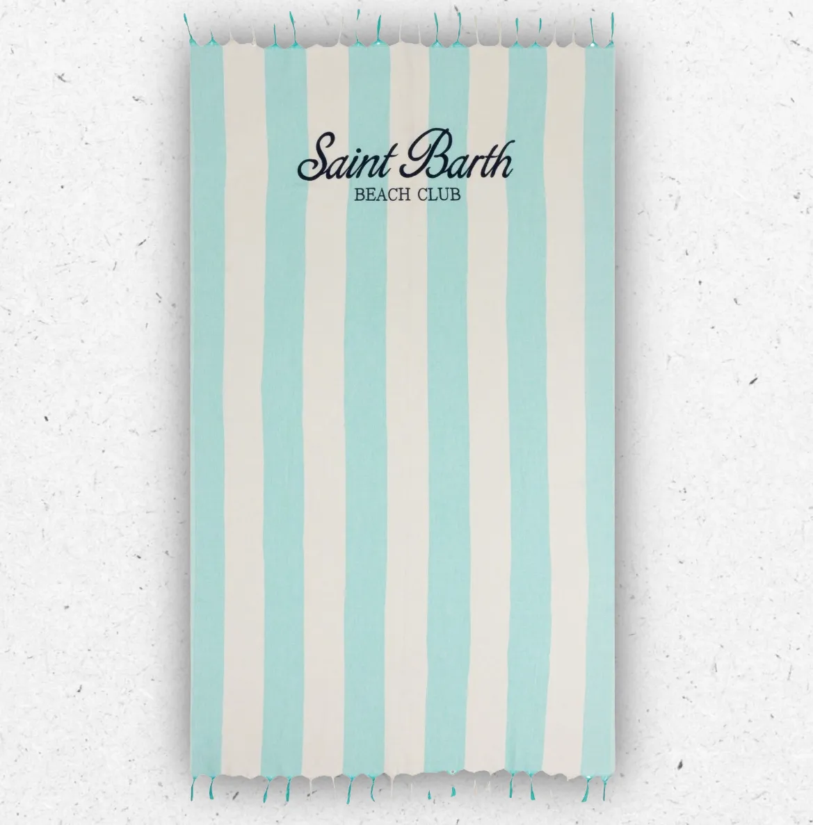 Telo mare MC2 Saint Barth modello Foutas Light in cotone a righe bianco e verde acqua con frange e maxi logo ricamato.