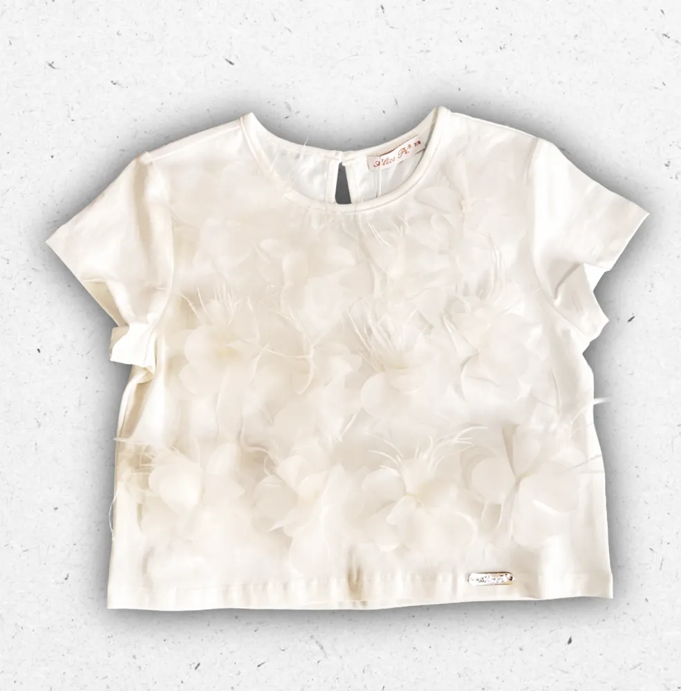 Top cropped elegante da ragazza Alice Pi. color avorio, ideale per abbinamenti da cerimonia, produzione artigianale italiana.