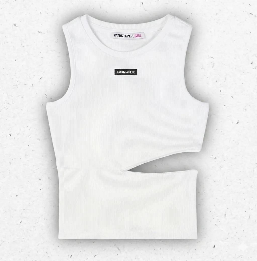 Top bianco senza maniche Patrizia Pepe da ragazza in jersey a costine con particolare taglio cut-out sulla vita.