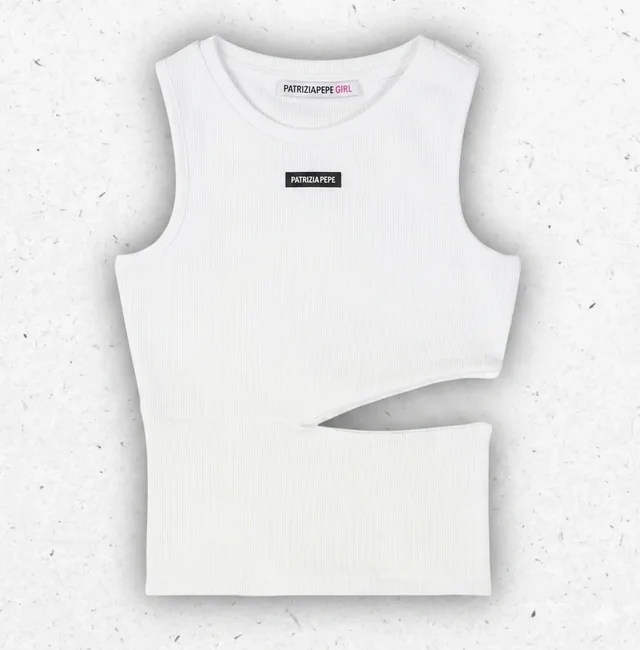 Top Ragazza Patrizia Pepe Bianco a Costine con Cut-Out in Vita 8-16 Anni