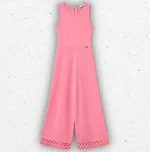 Tuta intera rosa da ragazza Twinset Milano in maglia di viscosa con motivo traforato a zig-zag al fondo e bordi smerlati. 1