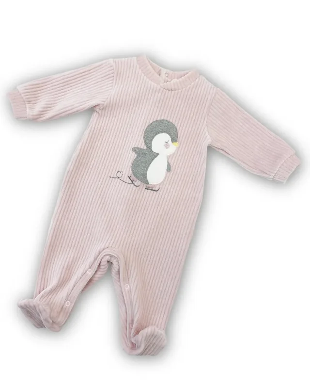 Tutina Ciniglia a Coste per Neonata - Rosa con Ricamo Pinguino - Lalalù