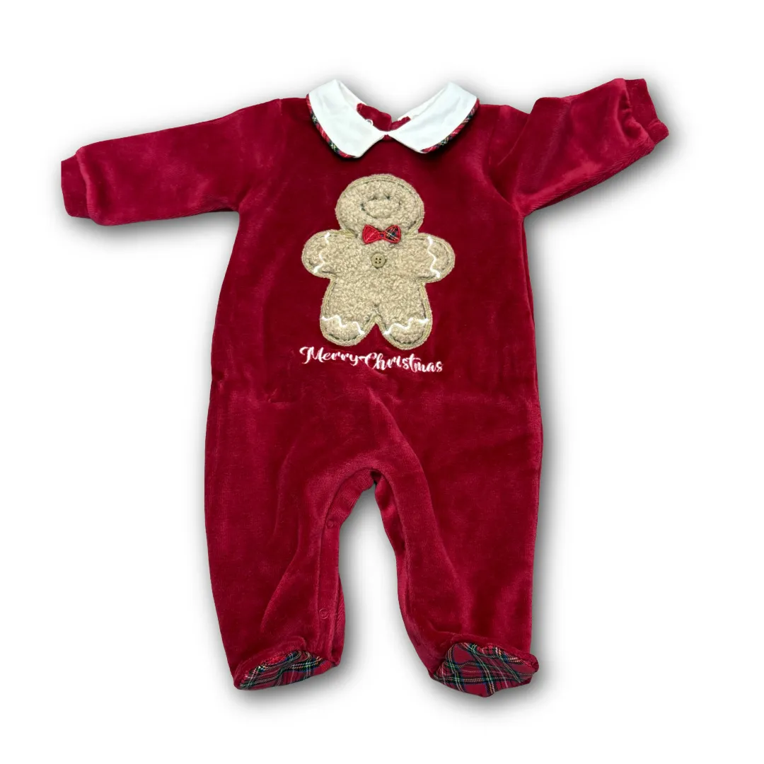 Tutina intera natalizia Lalalù per neonato in velluto rosso bordeaux, taglia 0-1 mese, con colletto bianco e applicazione Omino di Pan di Zenzero.