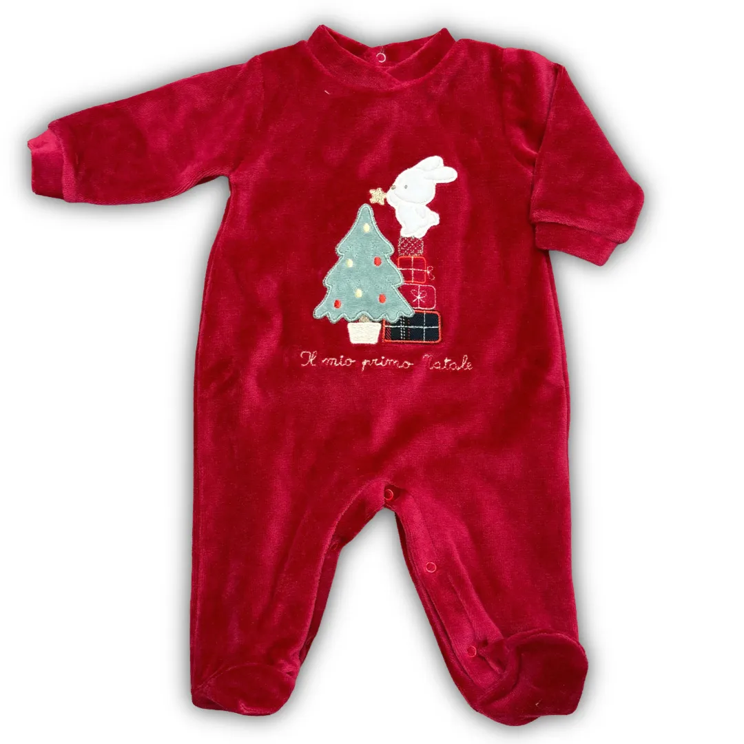 Tutina intera natalizia Lalalù in ciniglia bianca o rossa, unisex. Applicazione albero di Natale, regali, coniglietto e scritta "Il mio primo Natale".