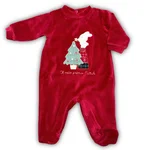Tutina intera natalizia Lalalù in ciniglia bianca o rossa, unisex. Applicazione albero di Natale, regali, coniglietto e scritta "Il mio primo Natale". 1
