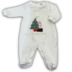 Tutina intera natalizia Lalalù in ciniglia bianca o rossa, unisex. Applicazione albero di Natale, regali, coniglietto e scritta "Il mio primo Natale". 1