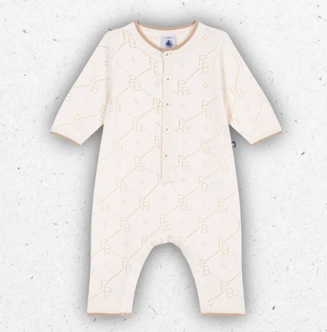 Tutina Neonato Petit Bateau Lunga in Maglia di Cotone Traforata con Motivo PB