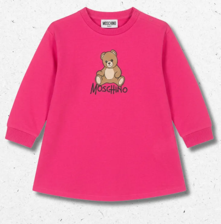 Vestito Moschino per neonata in cotone fucsia, stampa orsetto e logo, chiusura a bottoni