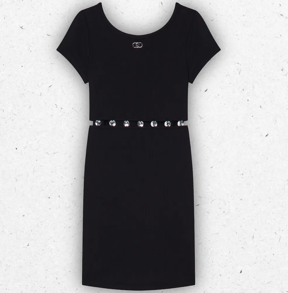 Vestito corto nero a coste da ragazza Liu Jo con maniche corte e dettagli cut-out impreziositi da castoni gioiello luminosi.